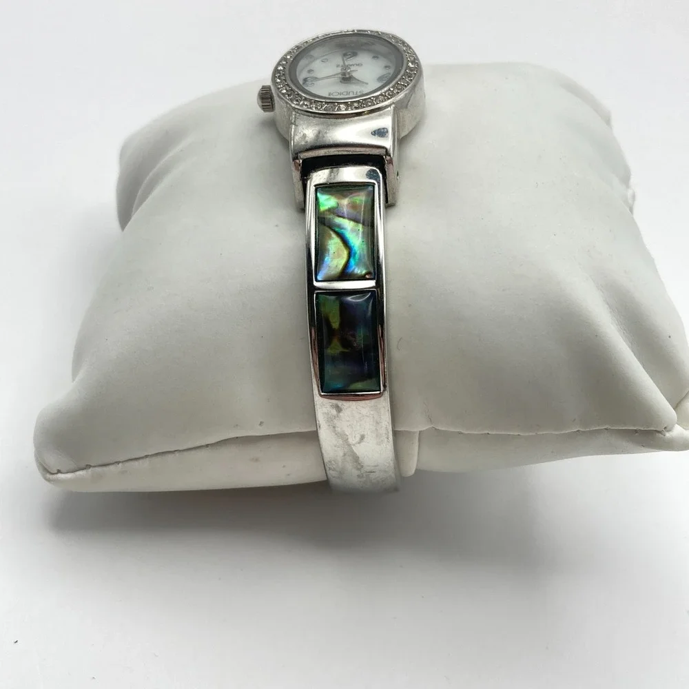 Studio Time Women's Watch 20mm Abalone Silver Tone MOP Crystals Cuff New Battery